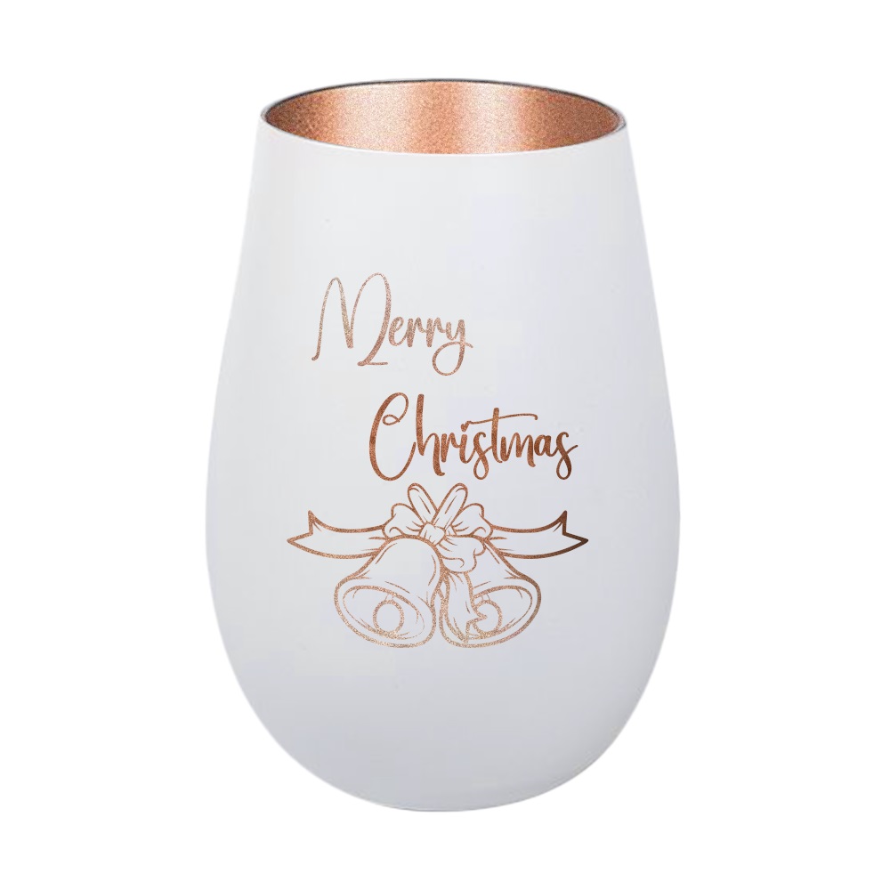 Windlicht Merry Christmas Glocke Weiß Bronze