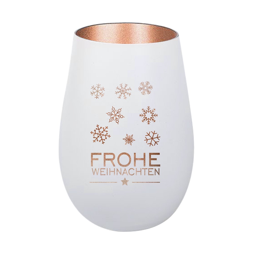 Windlicht Frohe Weihnachten Schneeflocken Weiß Bronze