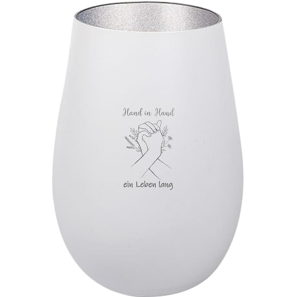 Windlicht Hand in Hand ein Leben lang Weiß Silber