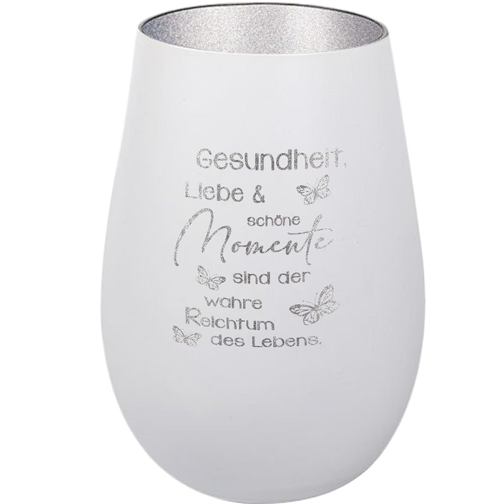 Windlicht Gesundheit, Liebe und schöne Momente sind der wahre Reichtum des Lebens Weiß Silber